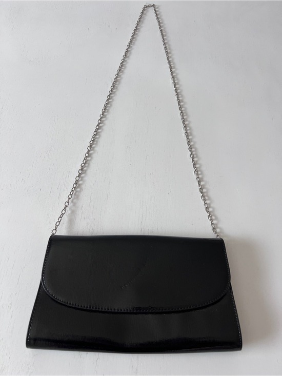 Nordstrom Handbags - Nordstrom Black Leather Flap Clutch Evening Crossbody Bag Silver Chain